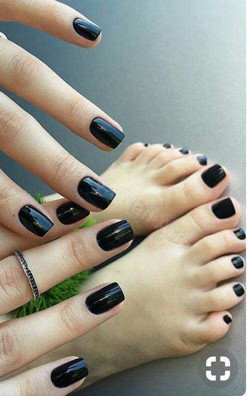 Black Medium - Combo of Hand and Toe Nails - Nail Art Artificial / Fake Nails / Press on Nails for Girls and Women