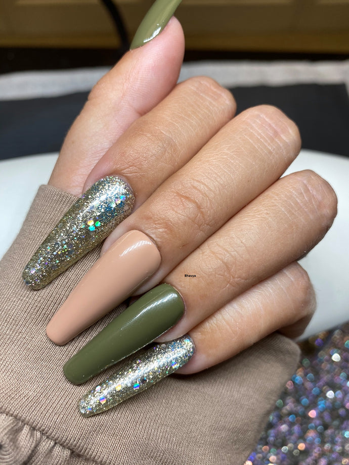 Premium Green and Nude with Glitter Long Readymade Nail Art Artificial/Fake Press on Nails for Girls and Women